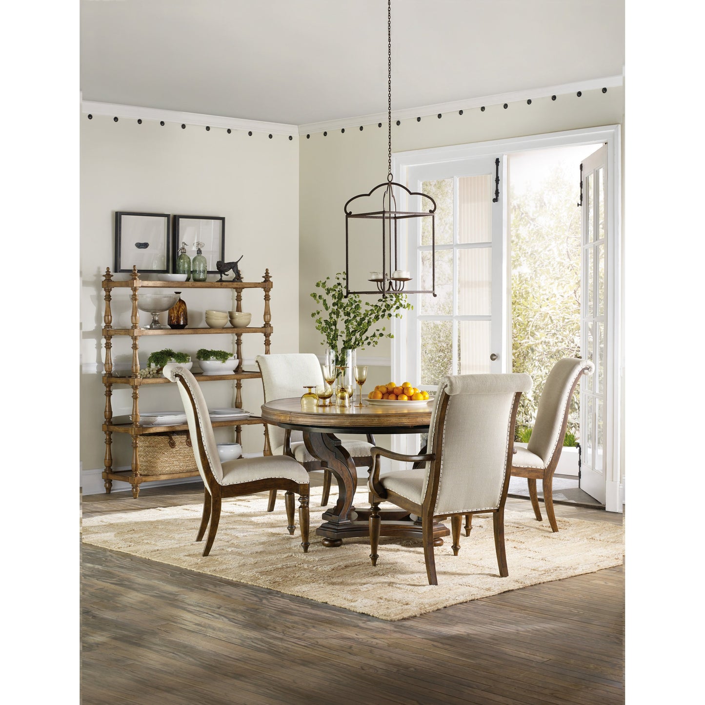 006 SI-1748344 | Lifestyle | Archivist Arm Chair (Set of 2) by Hooker Furniture in beige and pecan, aubergine. Made from fabric, nailheads in a transitional style.