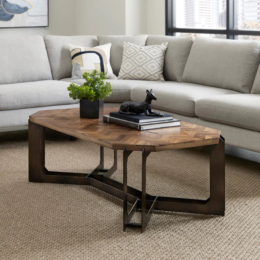 Rustic Cocktail Table with Metal Base by Pulaski Furniture in brown. Made from parota wood in a eclectic & global style.