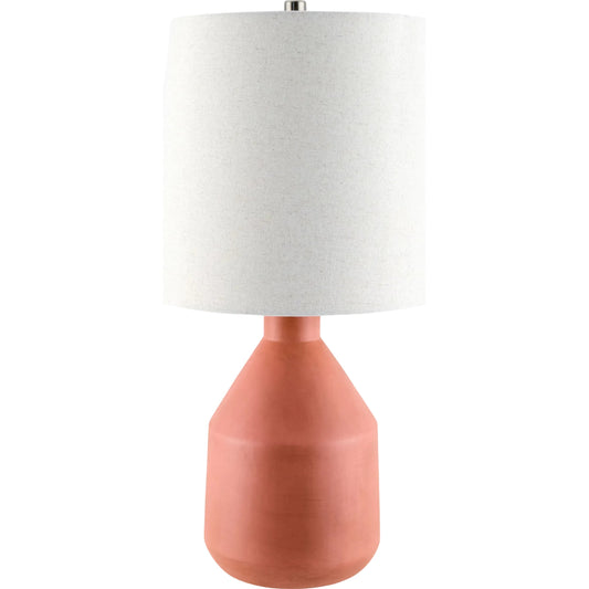 Divo Accent Table Lamp by Livabliss in body: terracotta; shade: white; finial: metallic - nickel; harp: metallic - nickel; cord: translucent and plated, painted. Made from ceramic, linen, polyester, steel in a modern style.