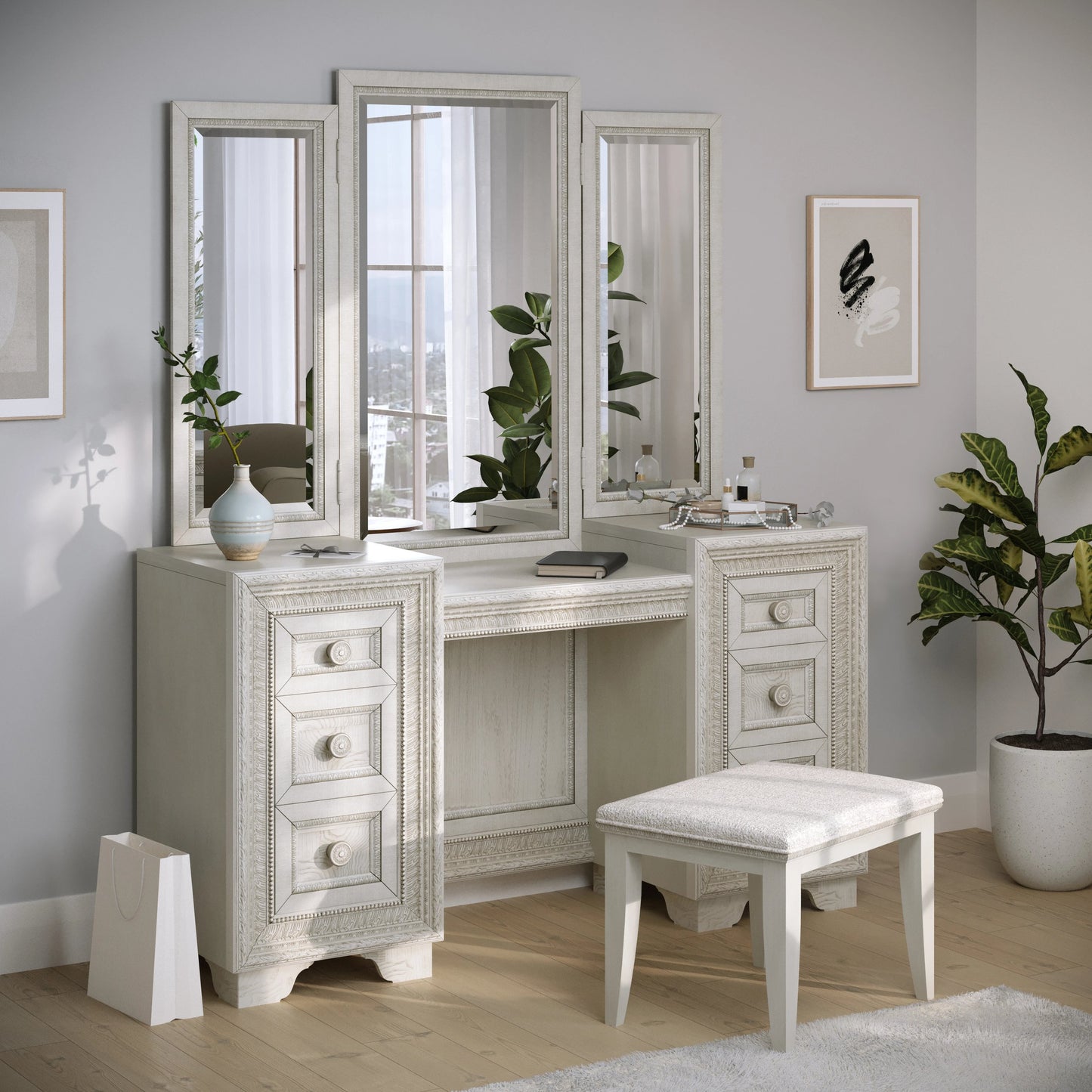 004 SI-2155467 | Lifestyle | Camila Vanity Mirror by Pulaski Furniture in semi-transparent creamy white. Made from ash veneers in a modern style.