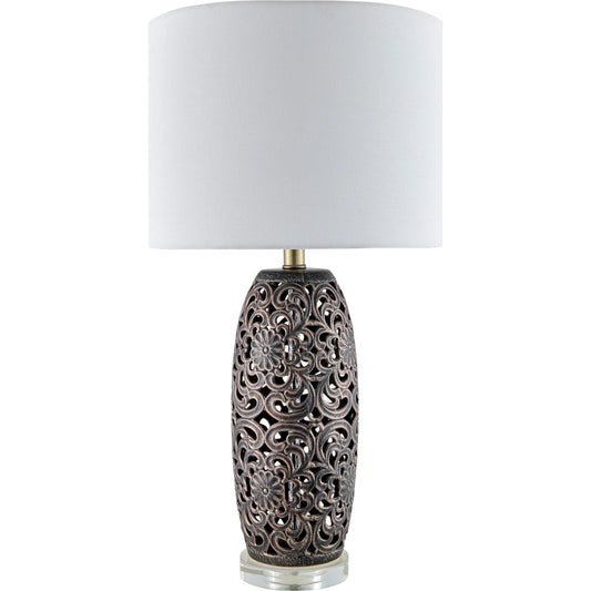 Dozza Accent Table Lamp by Livabliss in gray and high gloss, metallic, translucent. Made from ceramic, crystal, linen, iron in a modern style.