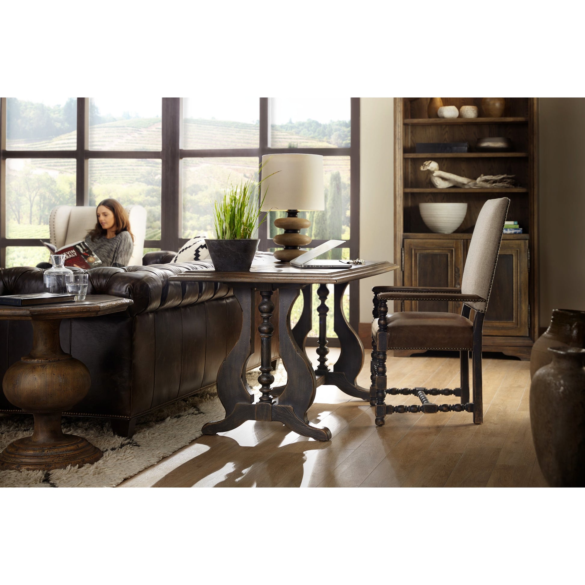 Mason End Table by Hooker Furniture in saddle brown. Made from white oak veneers, resin in a traditional style.