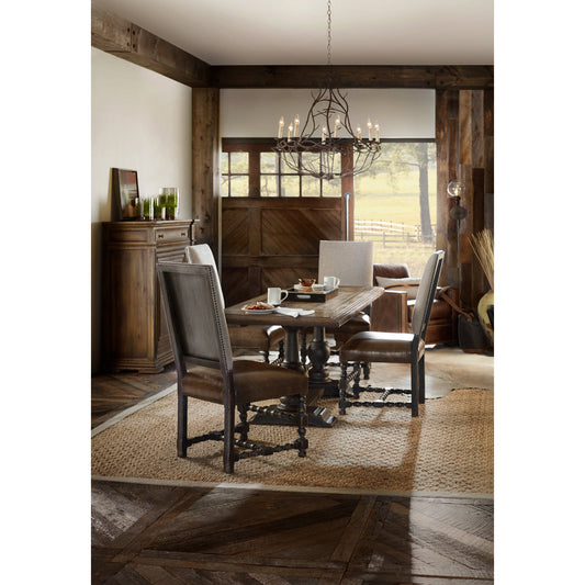 Balcones Friendship Table by Hooker Furniture in saddle brown, anthracite black. Made from white oak, walnut veneers with resin, cedar in a traditional style.