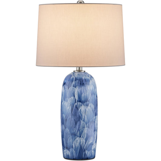Pallas Table Lamp by Currey and Company in blue, white, brushed nickel. Made from ceramic in a modern style.