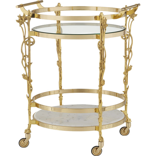 Fiore Bar Cart by Currey and Company in polished brass, clear, natural. Made from brass, glass, white marble in a modern style.