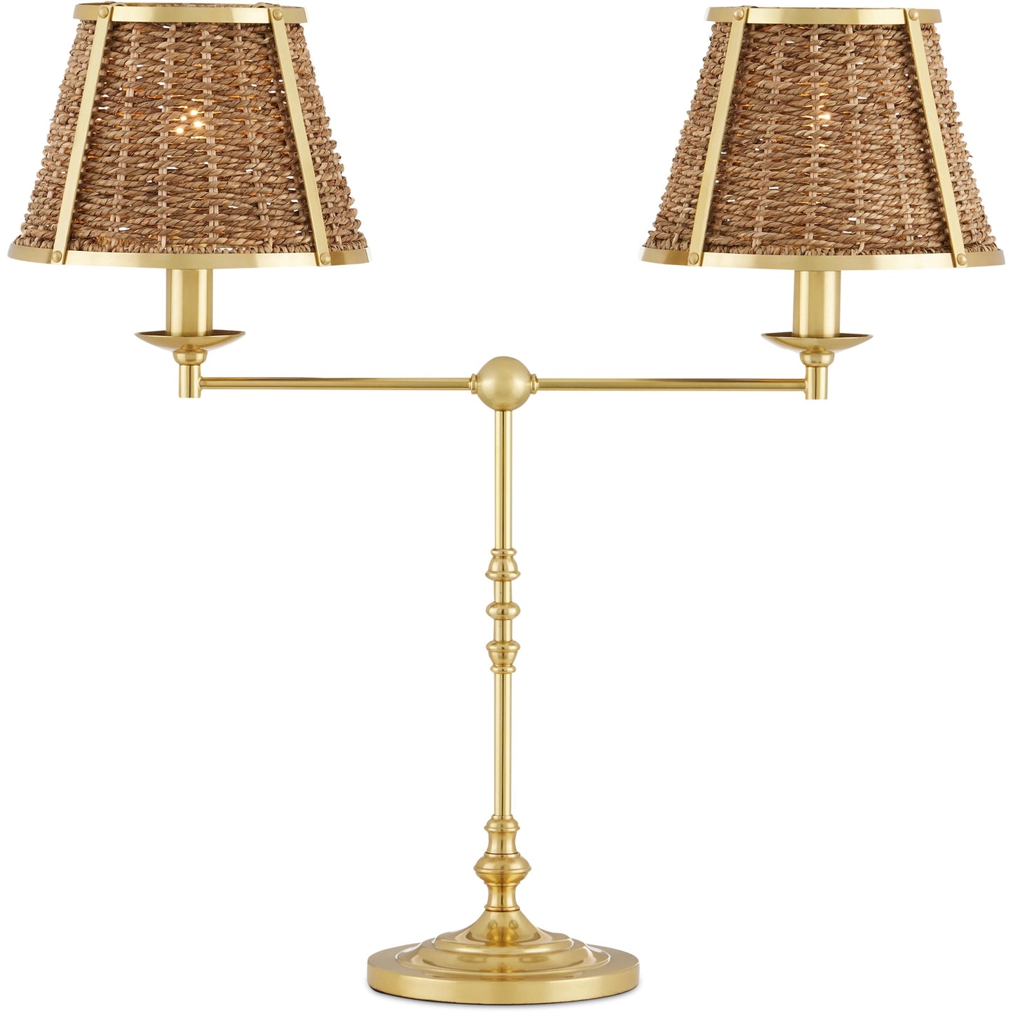 002 SI-2133900 | Primary Silo | Deauville Desk Lamp by Currey and Company in polished brass, natural. Made from metal, seagrass in a cottage & farmhouse style.
