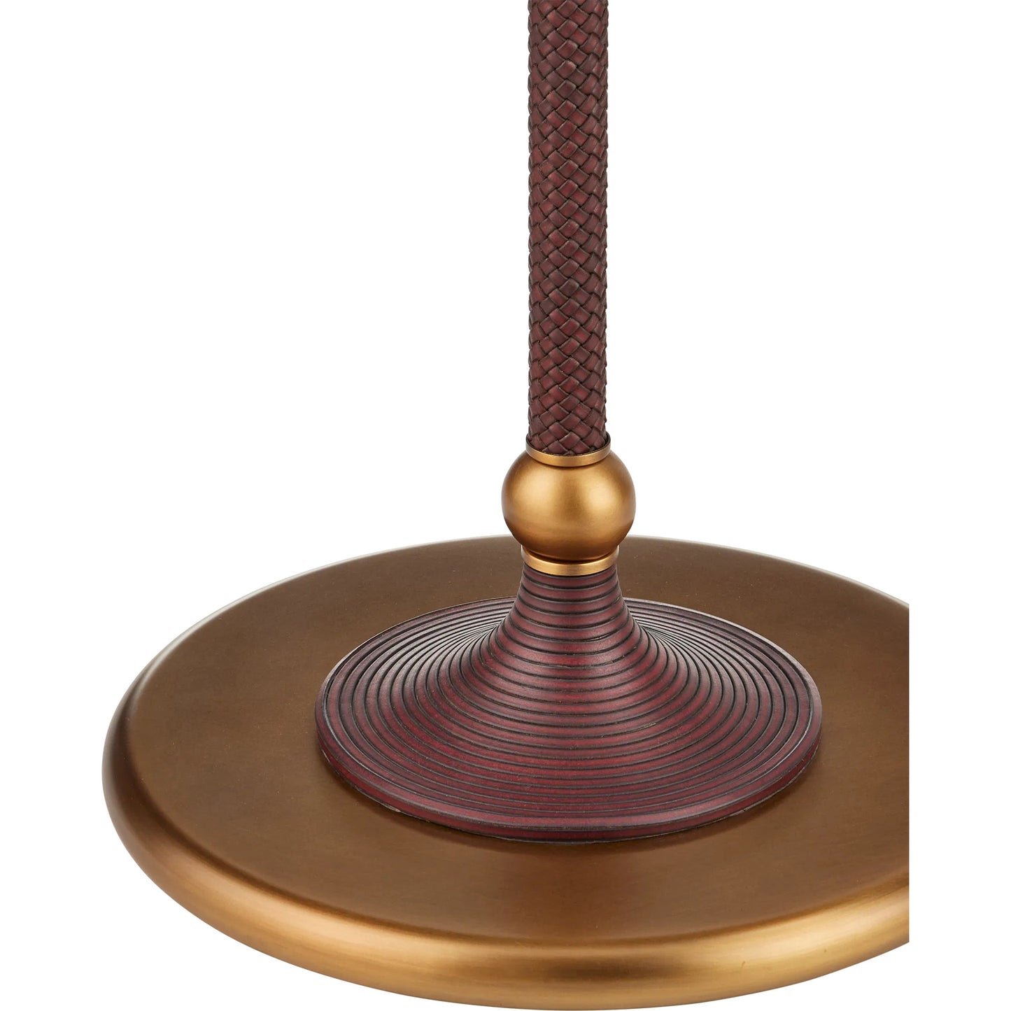 003 SI-2257395 | Closeup | Libretto Floor Lamp by Currey and Company in antique brass, brownish red. Made from metal, faux leather in a modern style.