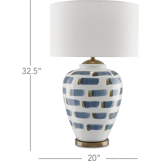 Brushstroke Table Lamp by Currey and Company in white, blue, antique brass. Made from ceramic, metal in a eclectic & global style.