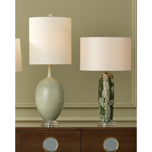 Zowan Table Lamp by Currey and Company in matte green smoke, clear. Made from ceramic, optic crystal in a modern style.