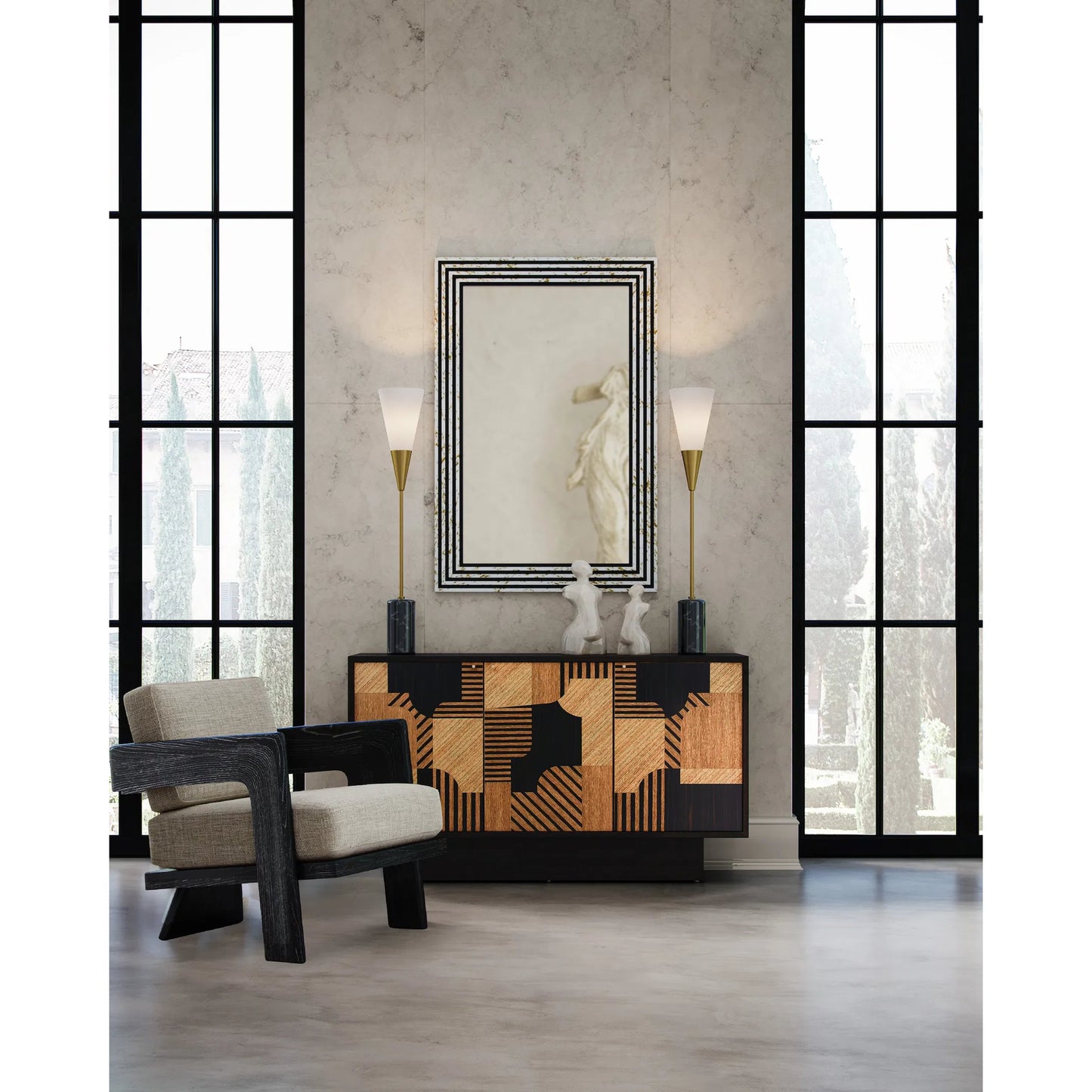 004 SI-2133997 | Lifestyle | Martini Torchiere Table Lamp by Currey and Company in brushed brass, black. Made from metal, marble in a modern style.