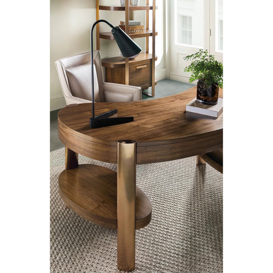 Eleana Writing Desk by Hooker Furniture in light caramel, sunlit bronze metal. Made from walnut veneers, metal in a modern style.