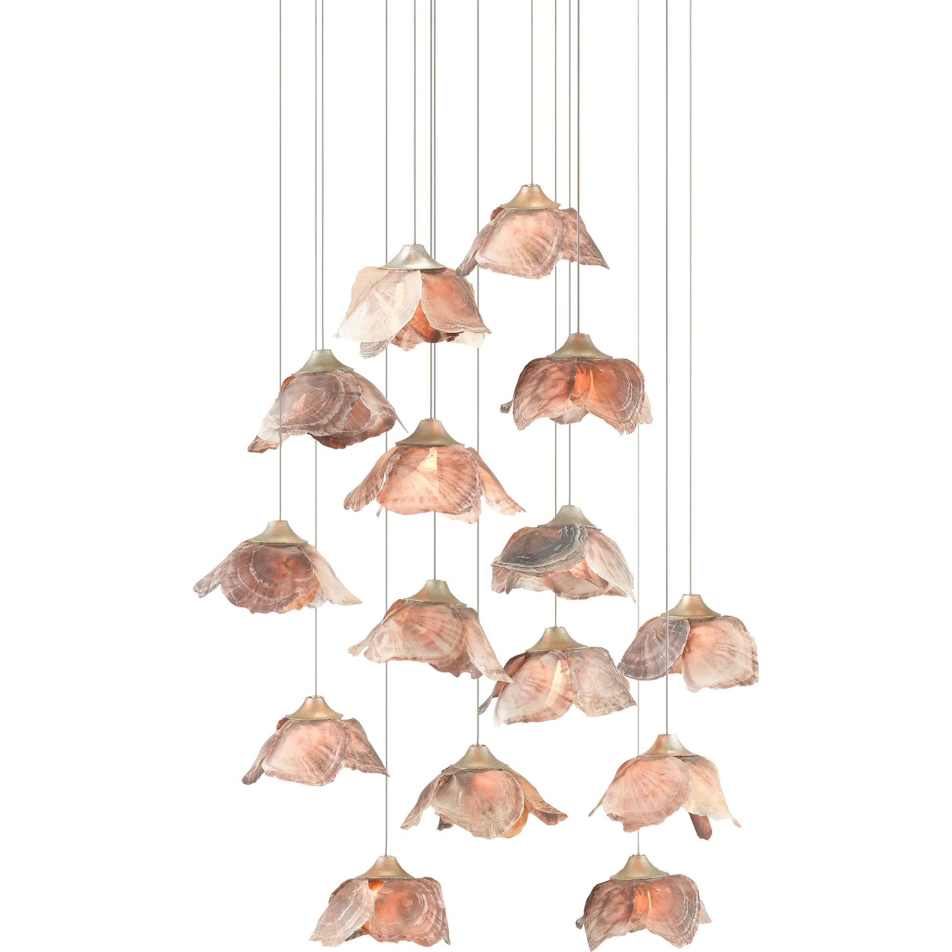 Catrice Pendant by Currey and Company in painted silver, contemporary silver leaf, natural shell. Made from capiz shell, wrought iron in a coastal style.