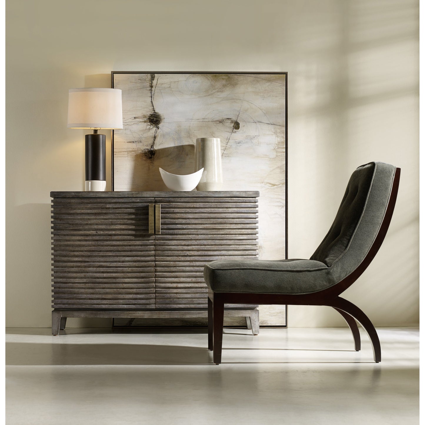 003 SI-1748817 | Lifestyle | Delano Chest by Hooker Furniture in gray walnut. Made from walnut veneers in a modern style.
