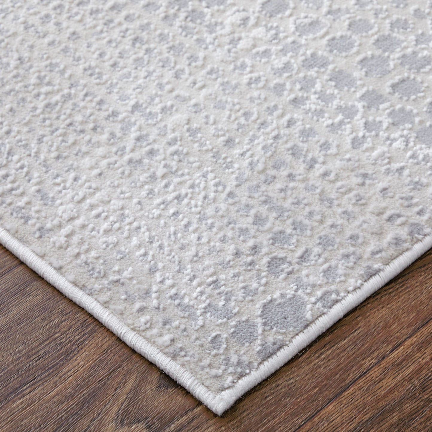 002 SI-2158650,SI-2158651,SI-2158652,SI-2158653 | Closeup | Prasad Rug - 67039N8F by Feizy in ivory, silver, gray. Made from polypropylene, polyester in a unique style.