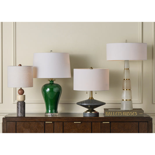 Jebel Table Lamp by Currey and Company in natural, brushed brass. Made from stone, aluminum, brass in a modern style.