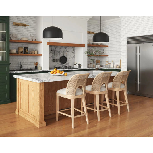 Frame Bar Stool by A.R.T. Furniture in chestnut. Made from ash, poplar solid, plank-effect flakey, quarter-sawn oak veneer, cane, foam, fabric in a transitional style.