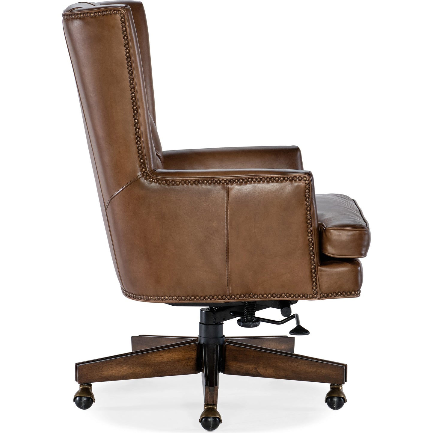 003 SI-2029066 | Additional Silo | Finley Executive Chair by Hooker Furniture in checkmate pawn and dark wood. Made from leather, checkmate pawn (aniline top grain) in a unique style.