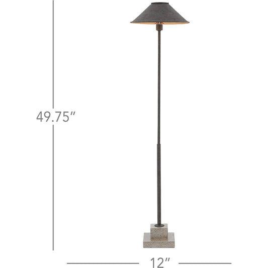 Fudo Floor Lamp by Currey and Company in mole black, contemporary gold leaf, polished concrete. Made from wrought iron, concrete in a transitional style.