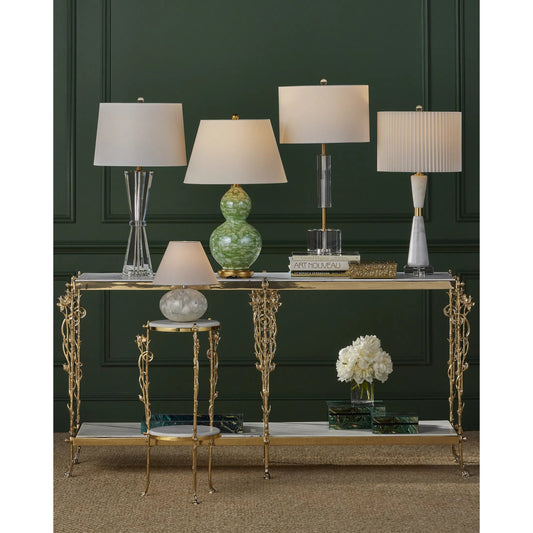 Duveen Table Lamp by Currey and Company in clear, polished brass. Made from optic crystal, metal in a modern style.