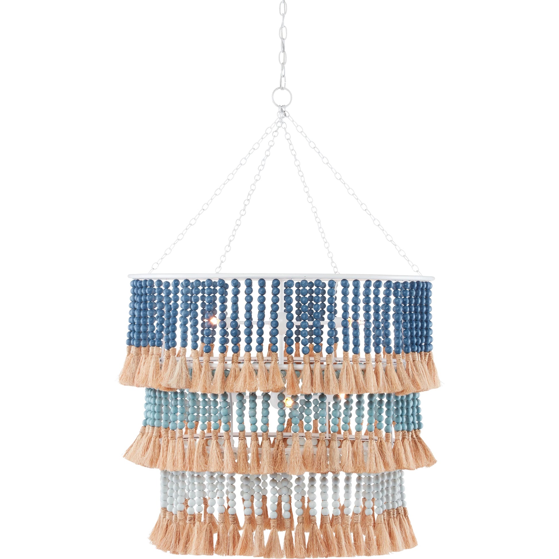 St. Barts Chandelier by Currey and Company in mist blue, demin blue. Made from wrought iron, wood beads, abaca rope in a coastal style.