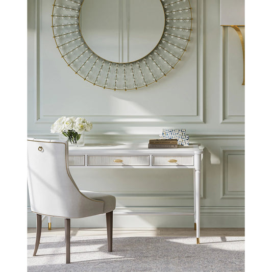 Aster Desk by Currey and Company in off white, fog, brass. Made from mahogany, oak, brass in a transitional style.