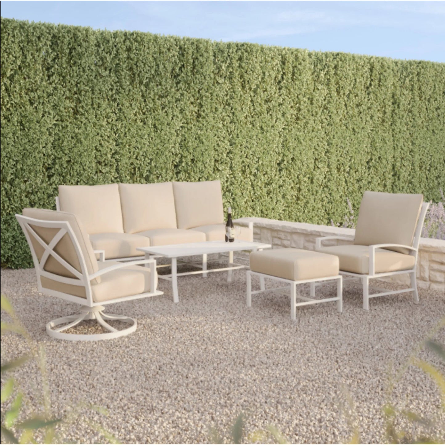 005 SI-2167202 | Lifestyle | Bristol Outdoor Ottoman in Canvas Flax w/ Self Welt by Sunset West in white. Made from aluminum in a modern style.