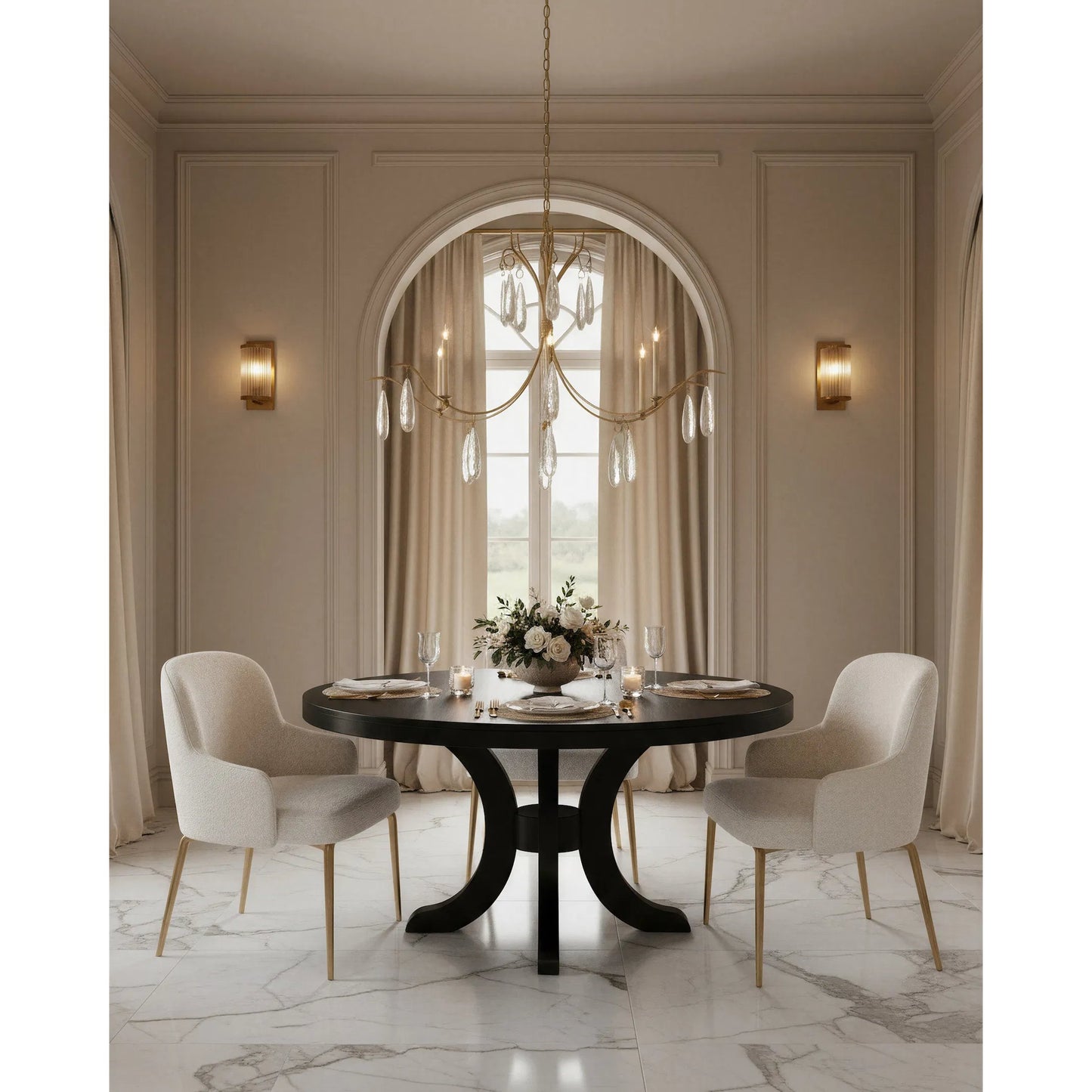 010 SR-767916 | Lifestyle | Marshallia Chandelier by Currey and Company in rustic gold, faux rock crystal. Made from wrought iron, glass in a transitional style.