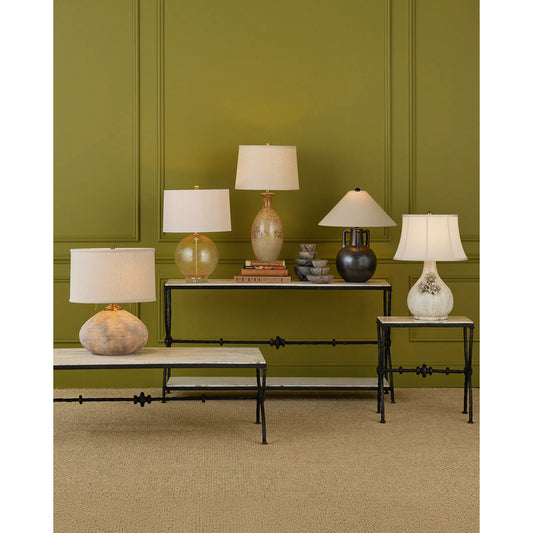 Zebulon Round Table Lamp by Currey and Company in clear with gold speckles, contemporary gold leaf. Made from glass, optic crystal, meta in a modern style.