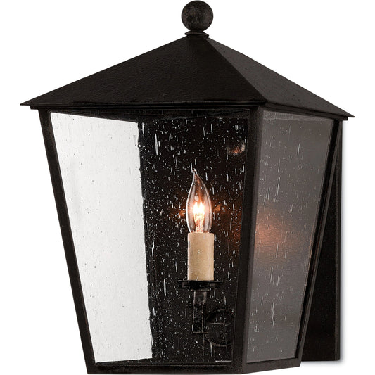 Bening Outdoor Wall Sconce by Currey and Company in midnight (pure black). Made from wrought iron, glass in a traditional style.