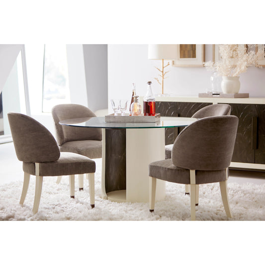 Blanc Round Dining Table by A.R.T. Furniture in alabaster, burnished bronze. Made from parawood solids, resin, metal, glass in a modern style.