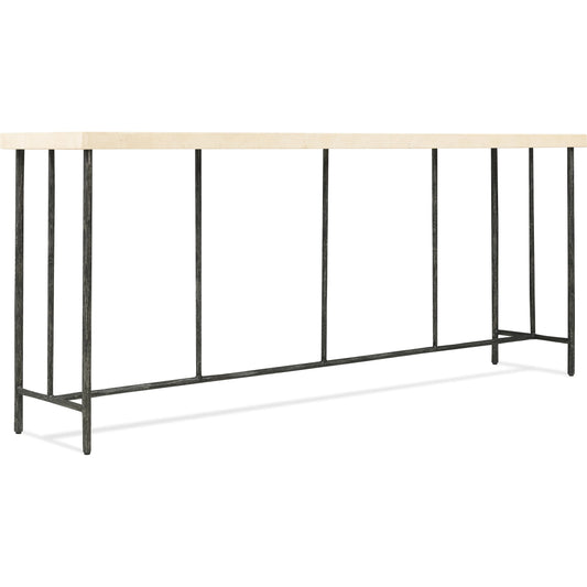 Driftwood Console Table by Hooker Furniture in gray. Made from leather, ankur blue (semi-aniline top grain), stone, metal in a modern style.