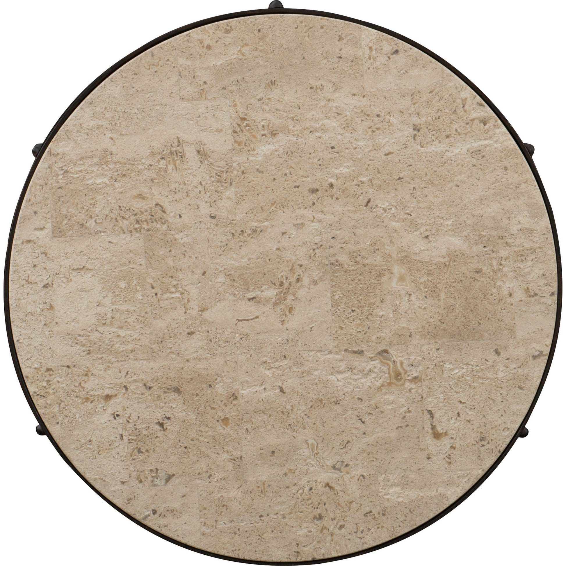 Luckenbach Metal & Stone End Table by Hooker Furniture in black. Made from cast iron, antique travertine in a traditional style.