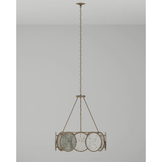 Oliveri Chandelier by Currey and Company in pyrite bronze, raj mirror. Made from wrought iron, glass in a modern style.