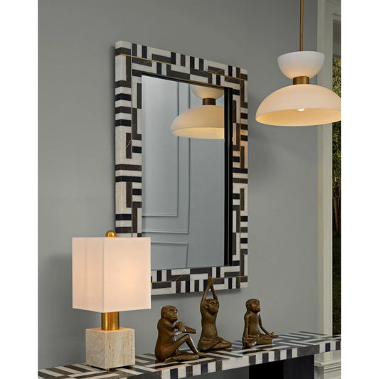 Zevio Pendant by Currey and Company in antique brass, white, opaque. Made from metal, glass in a modern style.