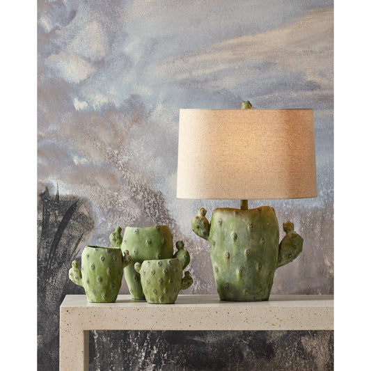 Cactus Table Lamp by Currey and Company in antiqued green. Made from composite in a modern style.