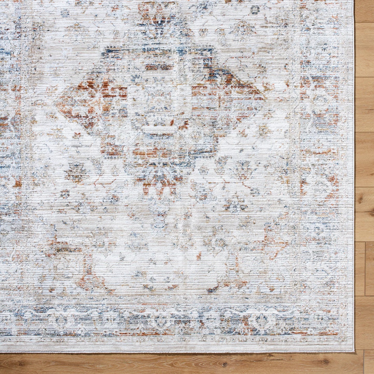 005 SI-2167695,SI-2167696,SI-2167697,SI-2167698,SI-2167699 | Closeup | Edmonton Rug - 489767 by Livabliss in cream, tan, light gray, dark blue, burnt orange, mustard. Made from polypropylene, polyester in a unique style.