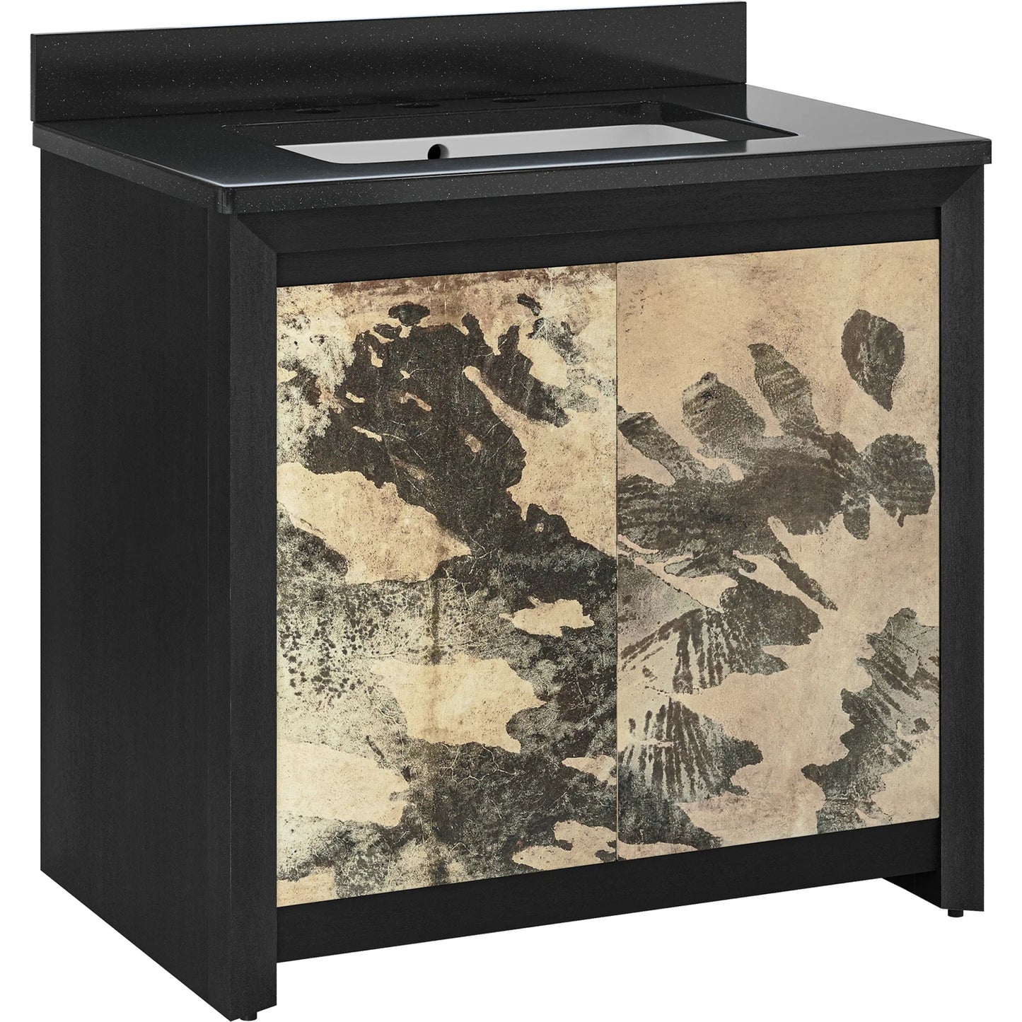 003 SI-2387060 | Additional Silo | Karlson 36" Vanity with Undermount Sink by Currey and Company in stained vellum, caviar black, faux bone. Made from oak solids, veneer, leather vellum, granite, vitreous china in a unique style.