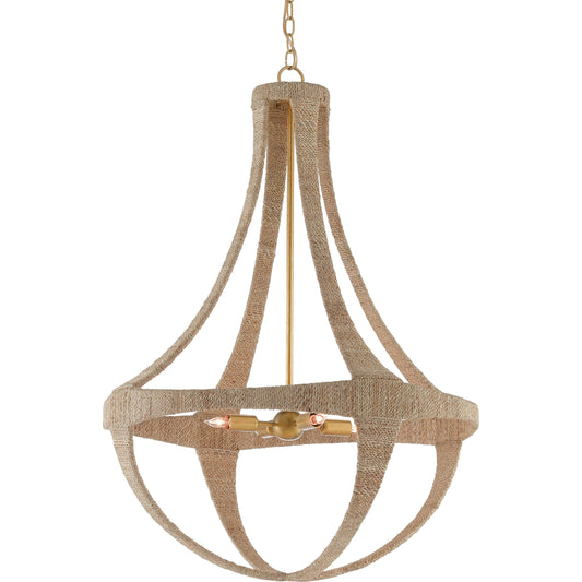 Ibiza Chandelier by Currey and Company in natural, dark contemporary gold leaf. Made from abaca rope, wrought iron in a modern style.