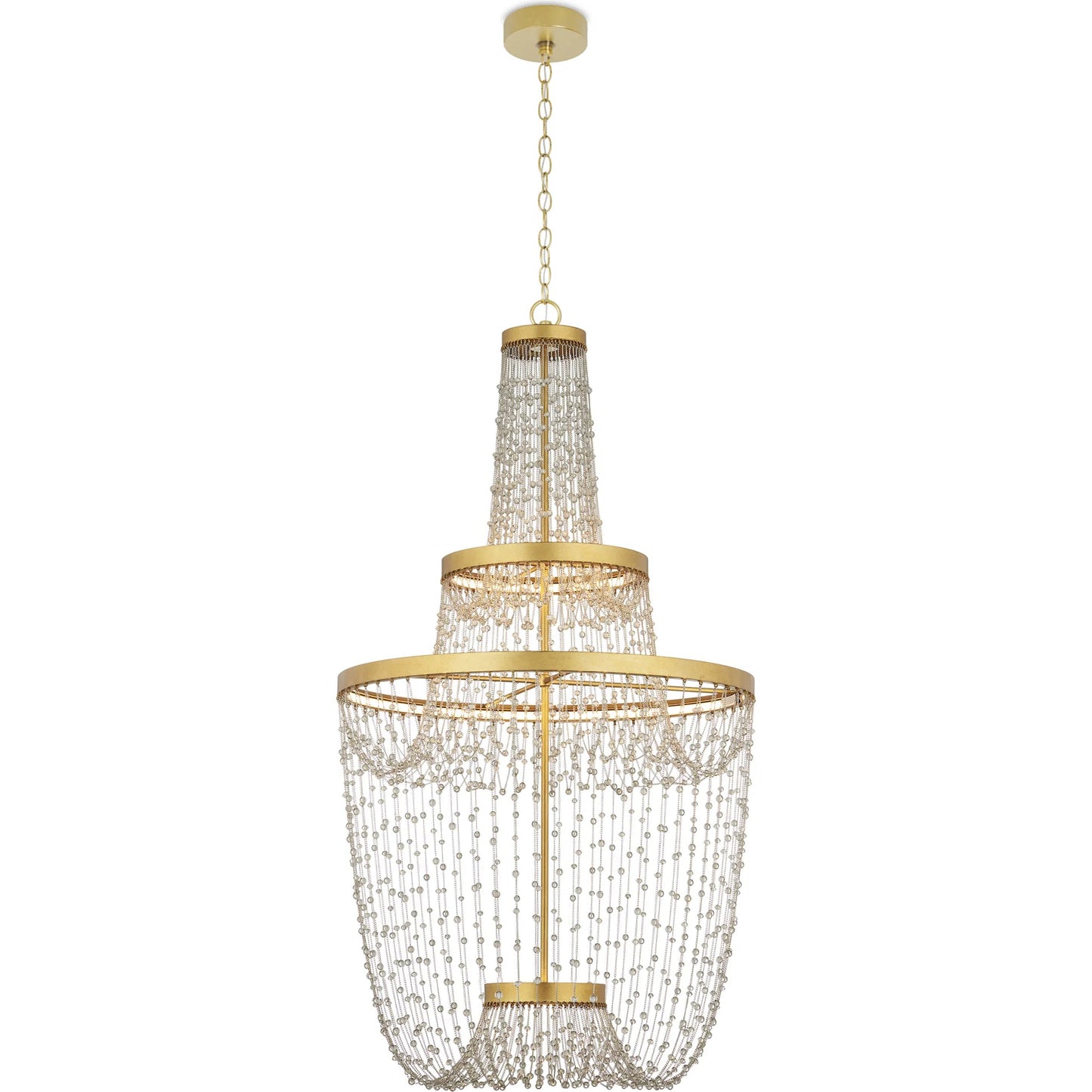 006 SI-2257409 | Additional Silo | Mademoiselle Chandelier by Currey and Company in contemporary gold leaf, contemporary gold, clear. Made from glass beads, wrought iron in a unique style.