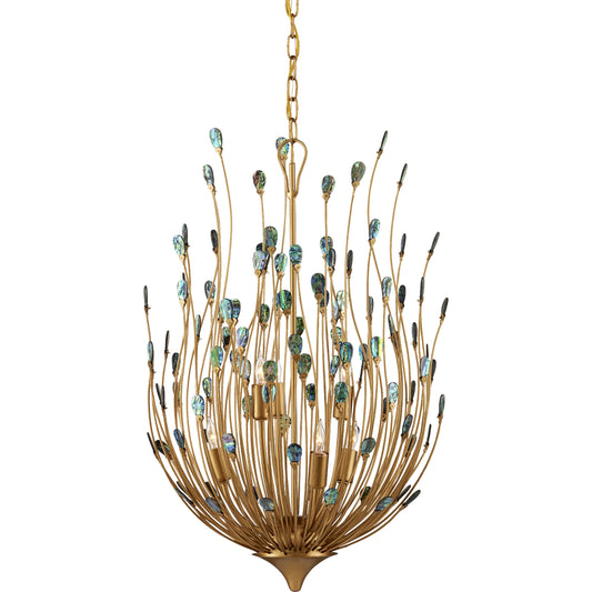 Delphos Chandelier by Currey and Company in contemporary gold, natural. Made from wrought iron, new zealand paua shell in a modern style.