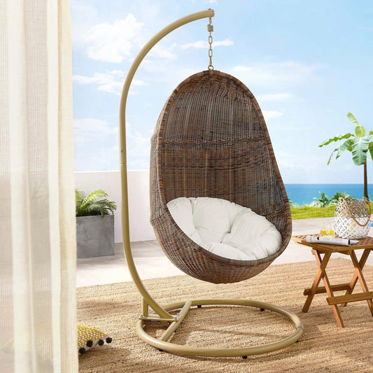 Middleton Wood Swing Chair With Stand by Evans & Londeen in coffee white. Made from wood in a rustic style.
