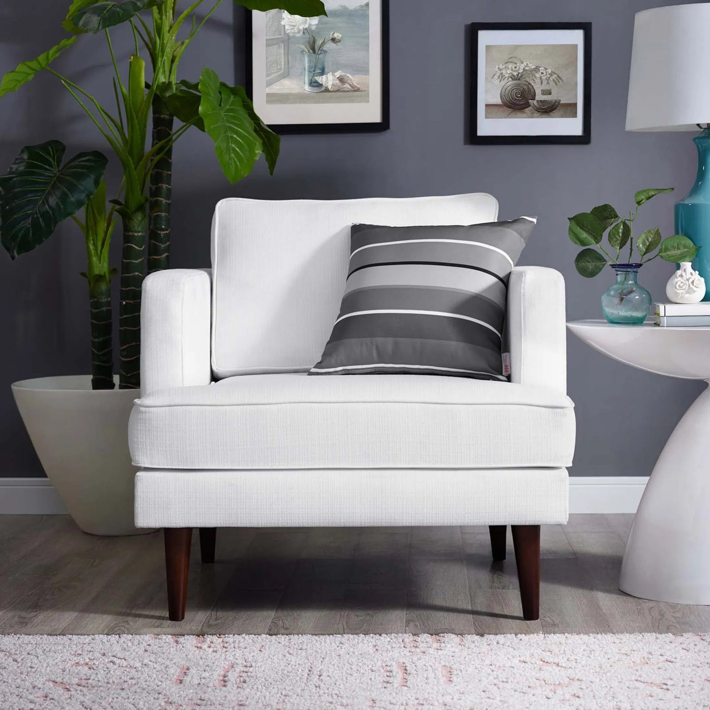 004 S-341095 | Additional Silo | Bentley Armchair by Evans & Londeen in white fabric. Made from seat cushion:28-30kg, m3 density foam, back cushion:1.2kg, doll cotton, 100% polyester, leg:rubber wooden, solid wood, serpentine spring, plastic foot pad in a
