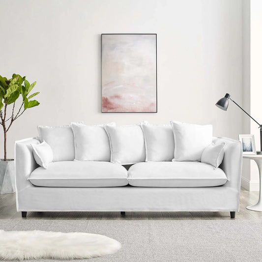 Cleburne Slipcover Sofa by Evans & Londeen in white. Made from wood frame, zigzag spring, foam density 32kgs, m3, spring package 76*44.5*6.5cm*φ1.9=2, 100% polyester, plastic legs in black color, with white foot pins in a moder