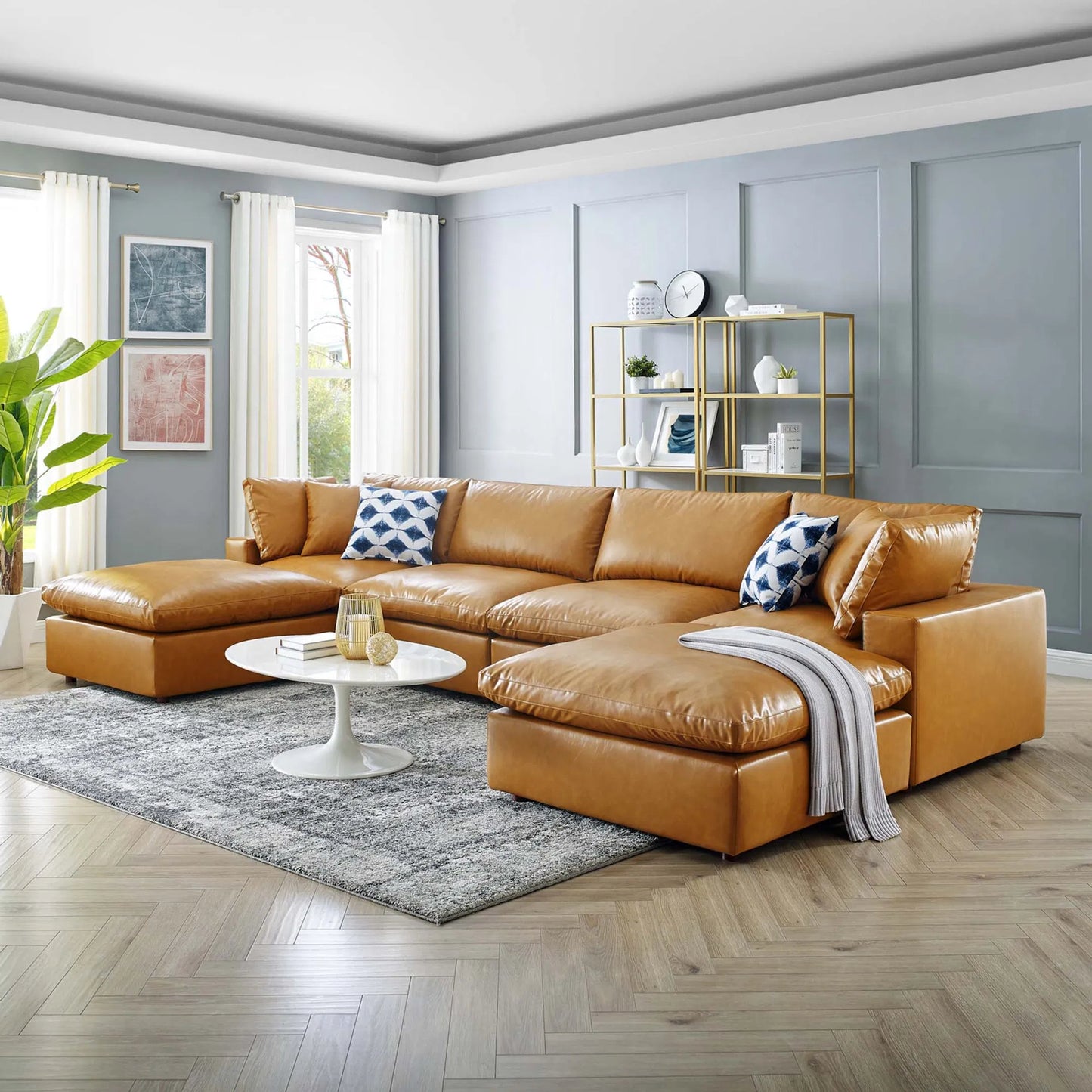 004 SI-1928394 | Lifestyle | Wheatland Down Filled Overstuffed Vegan 6-Piece Sectional Sofa by Evans & Londeen in tan. Made from solid wood, plastic foot pad, spring pocket, m3 density foam, seat cushion: doll cotton 50%, down feather 50% in a modern style
