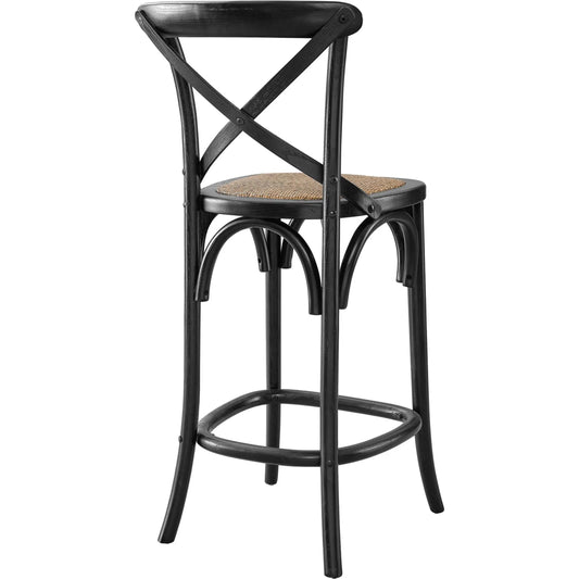 Easton Counter Stool by Evans & Londeen. Made from seat board: edge chinese elm wood, middle p2 plywood, top rattan, white foot pins in a transitional style.