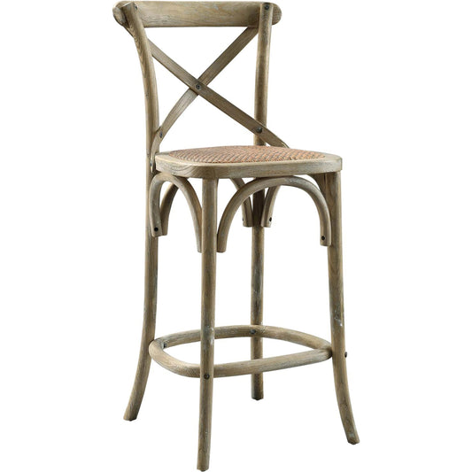 Easton Counter Stool by Evans & Londeen. Made from seat board: edge chinese elm wood, middle p2 plywood, top rattan, white foot pins in a transitional style.