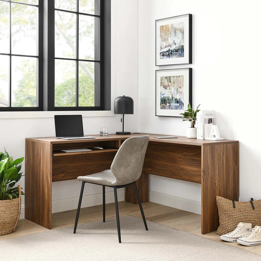 Nicholas L-Shaped Wood Office Desk by Evans & Londeen in walnut. Made from particle board, mdf, engineering wood with straight profile, pp toppan walnut, paper lamination, keyboard tray, tray runner, grommet cover, weight capac