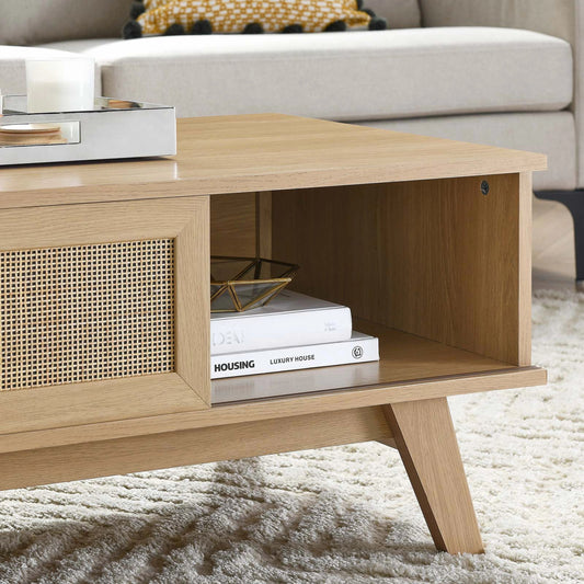 Oldham Coffee Table by Evans & Londeen. Made from particle board, paper, mdf, rattan, weight capacity: top panel : 189 lbs, bottom panel : 44 lbs in a modern style.