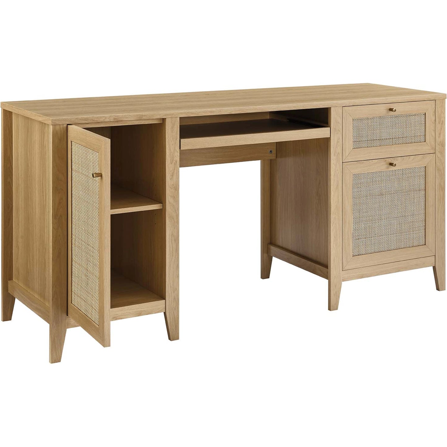 001 SI-2002674 | Additional Silo | Oldham 63" Office Desk by Evans & Londeen in oak. Made from mdf, particle board, natural rattan, foam pad, brass handle, top panel : 200 lbs in a modern style.
