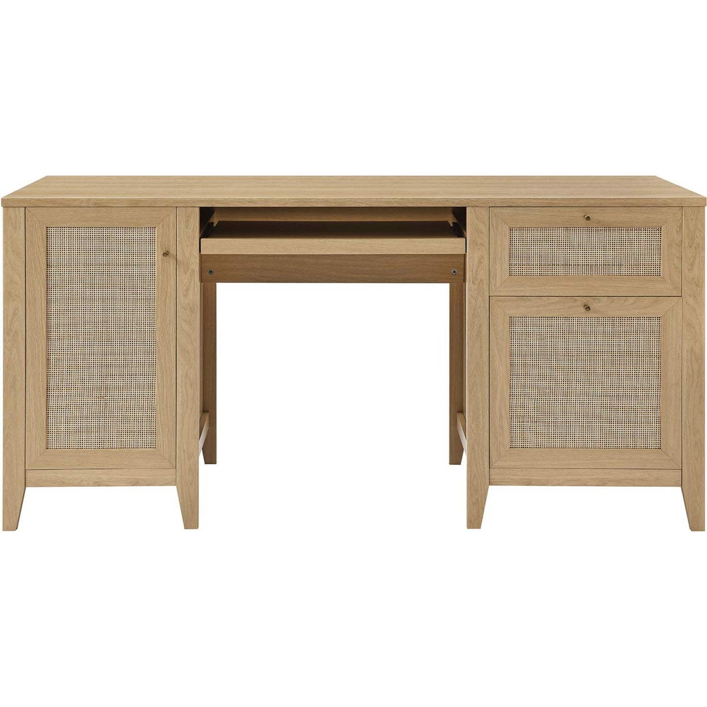 003 SI-2002674 | Additional Silo | Oldham 63" Office Desk by Evans & Londeen in oak. Made from mdf, particle board, natural rattan, foam pad, brass handle, top panel : 200 lbs in a modern style.